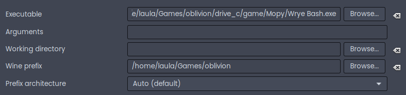 Lutris settings to launch Wrye Bash