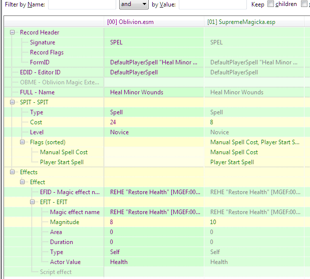 Comparing a record that was changed in Surpreme Magicka to vanilla